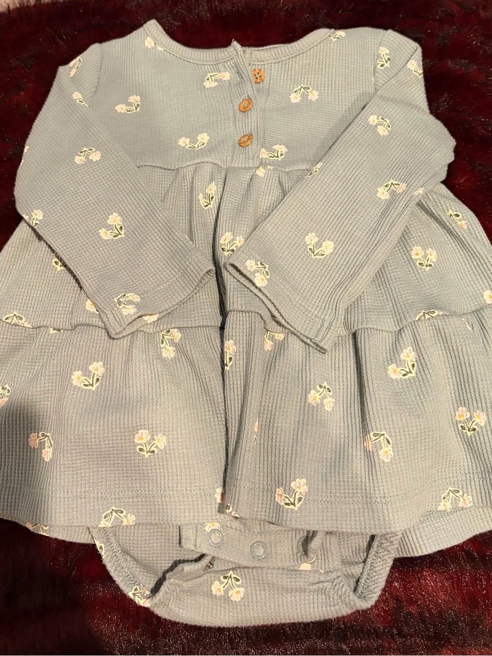 Baby Waffle Knit Floral Tiered Long-Sleeve Bodysuit - DressDusty Blue